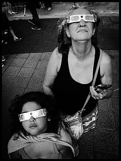 eclipse, solar eclipse, glasses, expression, looking up, sky HD wallpaper