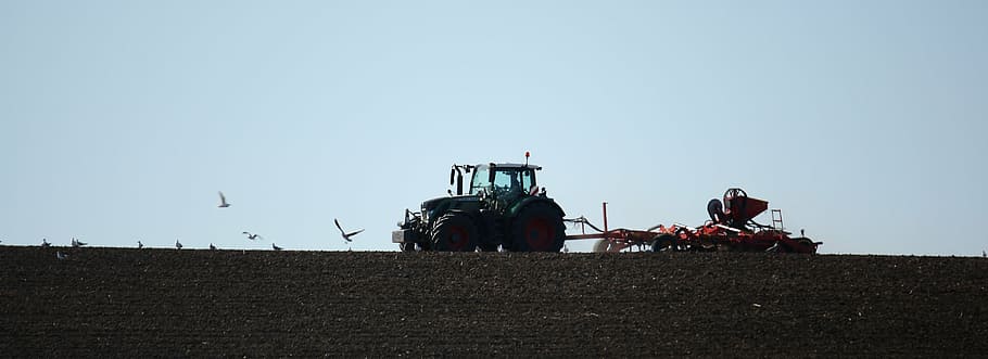 black tractor with cultivator on field, agriculture, mark, transportation HD wallpaper