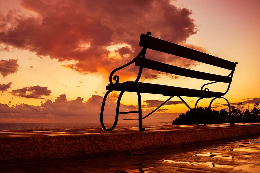 silhouette photo of bench during golden hour, sunset, sky, clouds