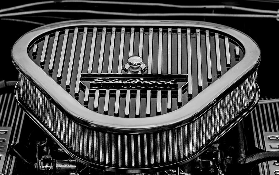 greyscale photography of Edelbrock air filter, car, vehicle, auto, HD wallpaper