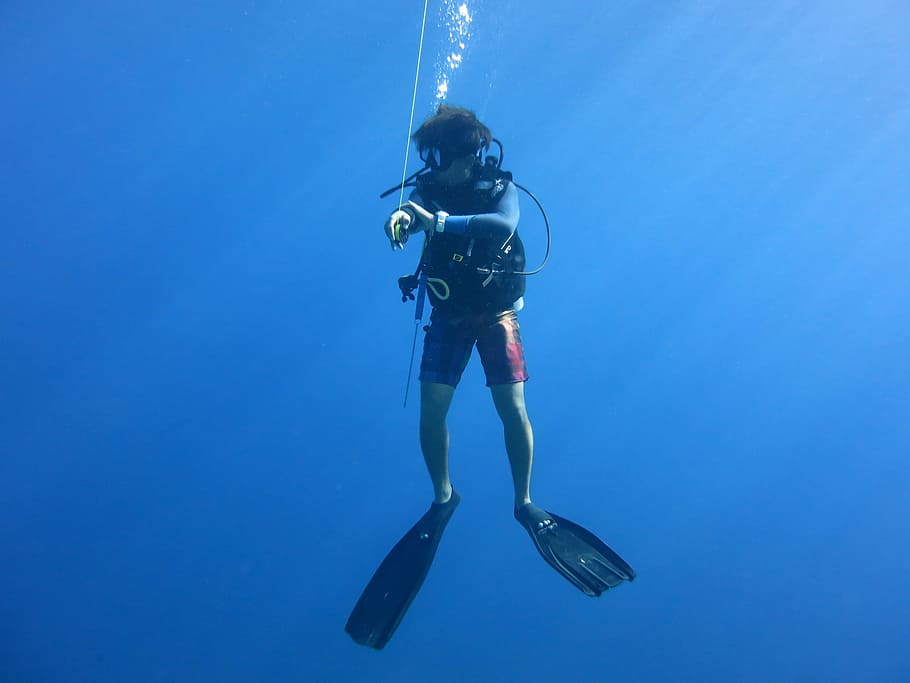 diver, scuba, blue, safety stop, scuba diver, sea, ocean, underwater, HD wallpaper
