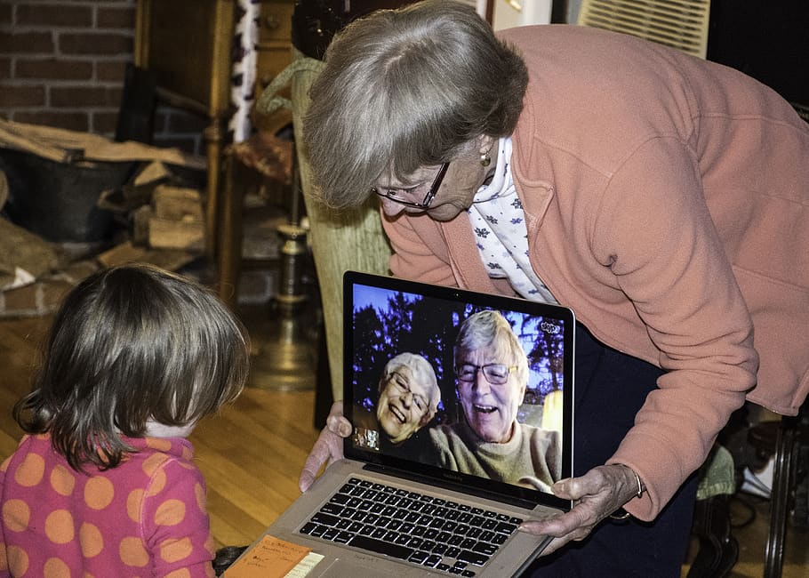 grandparents, grandchildren, remote, skype, video, family, smiling