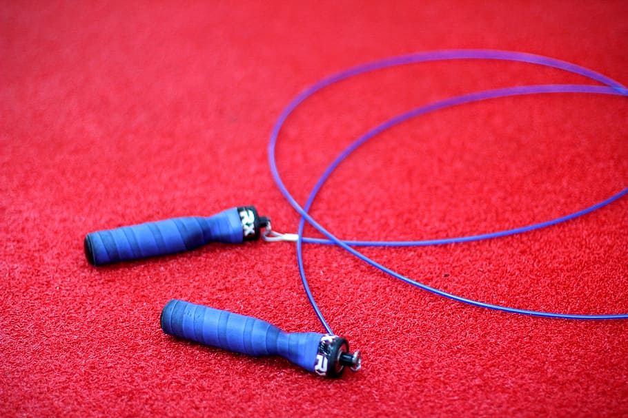 blue RX jumping ropes on red surface, Skipping Rope, Handle, Blue, Carpet