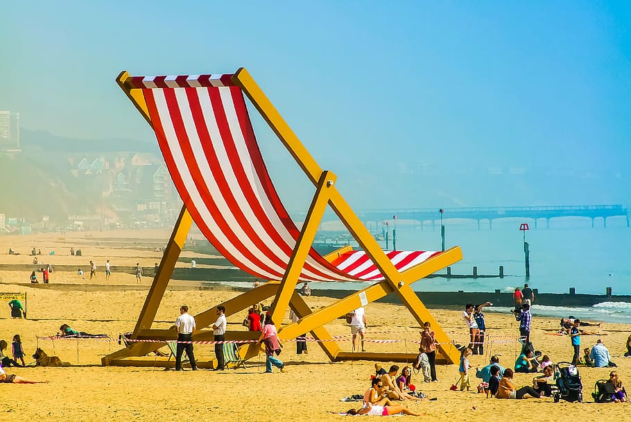 deck chair on beach, bournemouth, ocean, summer, sun lounger, HD wallpaper