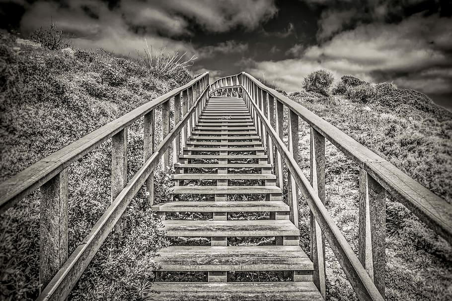 grayscale photography of stairway on hill, stairs, beach, outdoors HD wallpaper