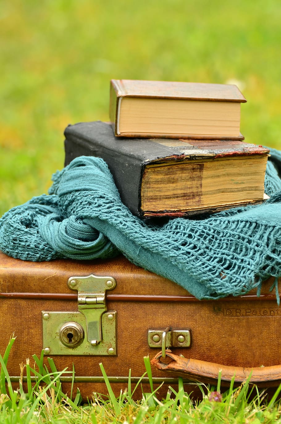 selective focus photography of two books on leather suitcase, HD wallpaper