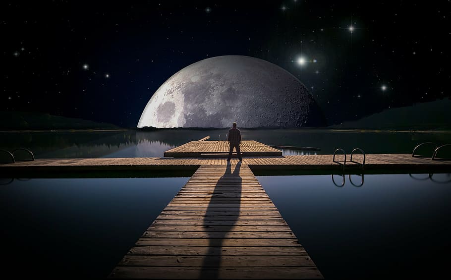 man standing on dock facing moon digital wallpaper, lake, web