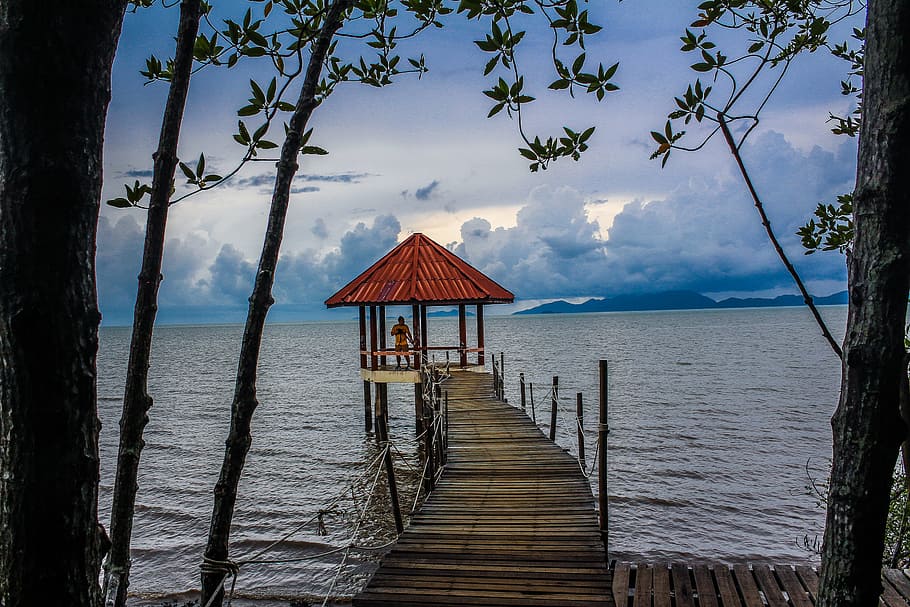 Person Standing on Boardwalk, beach, clouds, daytime, landscape HD wallpaper