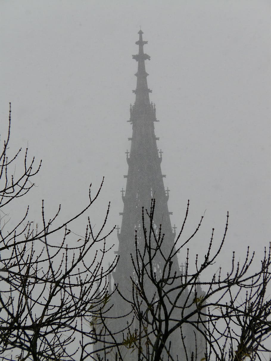 Snow Flurry, Fog, Trist, Tower, grey, spire, ulm cathedral, HD wallpaper