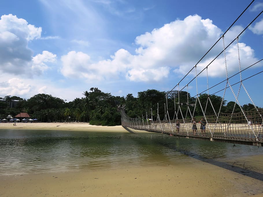 sentosa beach, singapore, rope bridge, island, coast, sky, paradise, HD wallpaper