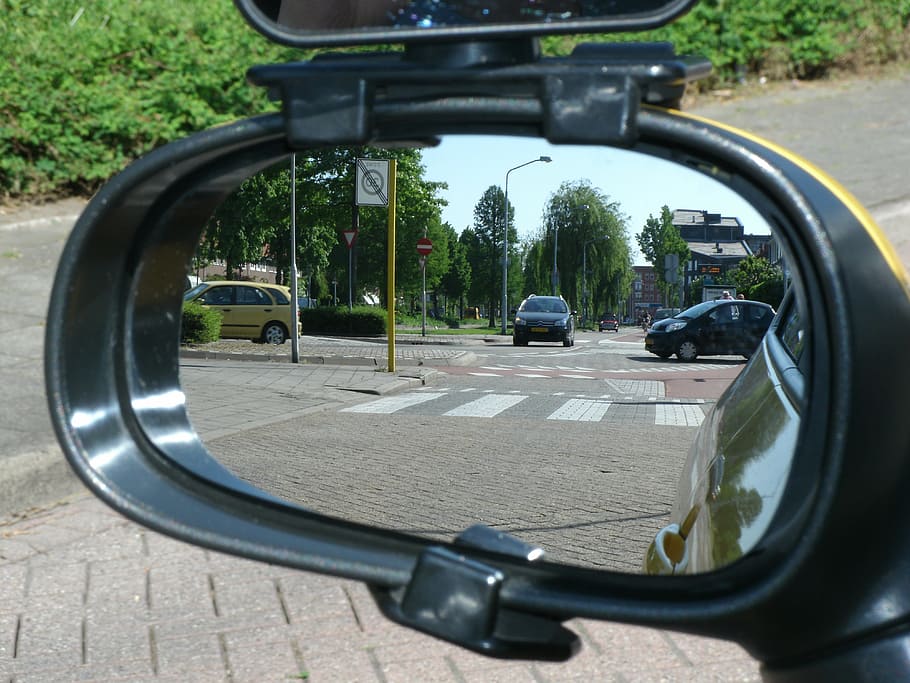 black SUV on road, mirror image, look backwards, flip, outside mirror HD wallpaper
