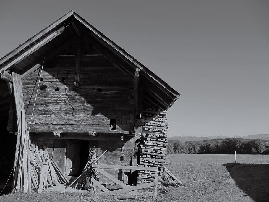 Building, Old Barn, Dilapidated, Ruins, black and white, mountains HD wallpaper