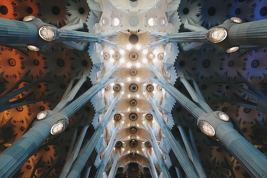 low-angle photo of gray and white LED columns, ceiling art, pillar HD wallpaper