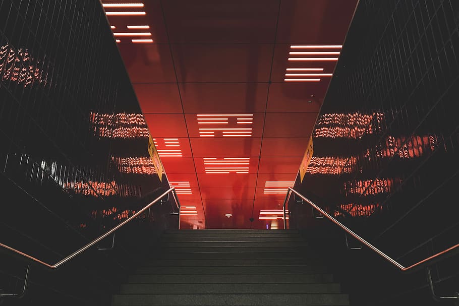 Lost in Translation, gray staircase with metal handrails, steps HD wallpaper