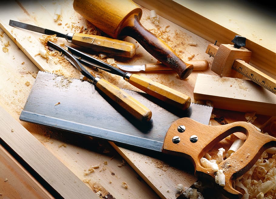 assorted handheld tools on brown wooden surface, Carpenter, wood - Material, HD wallpaper