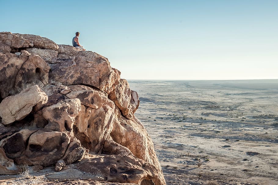 person sitting on cliff on mountain, man, edge, nature, landscape, HD wallpaper