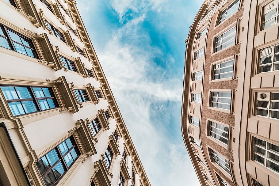 Two Historical Buildings Against Blue Sky, architecture, clouds HD wallpaper