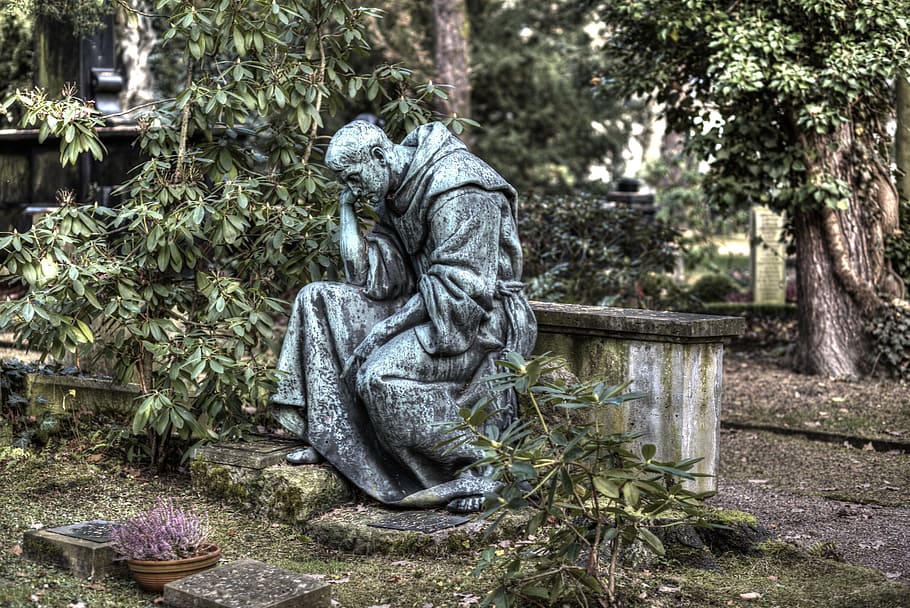 cemetery, monk, statue, rest, spiritual, architecture, sculpture HD wallpaper