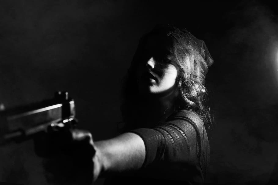 grayscale photo of person holding pistol, attack, blackmailing, HD wallpaper