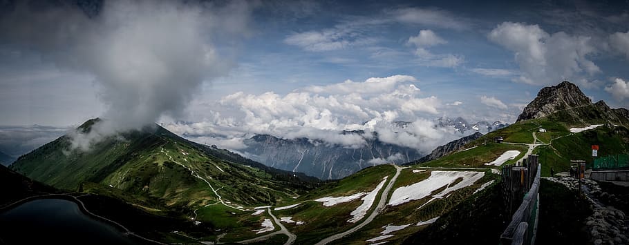 Panoramic View of Mountain Range, adventure, blue sky, clouds HD wallpaper