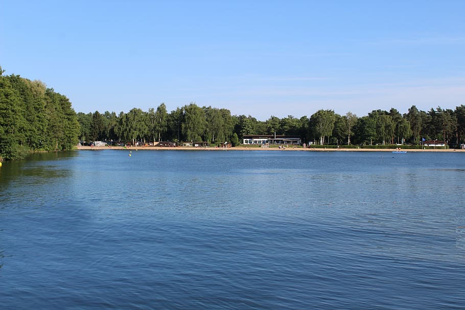 lake, trees, beach, nature, bank, landscape, water, weather mood HD wallpaper