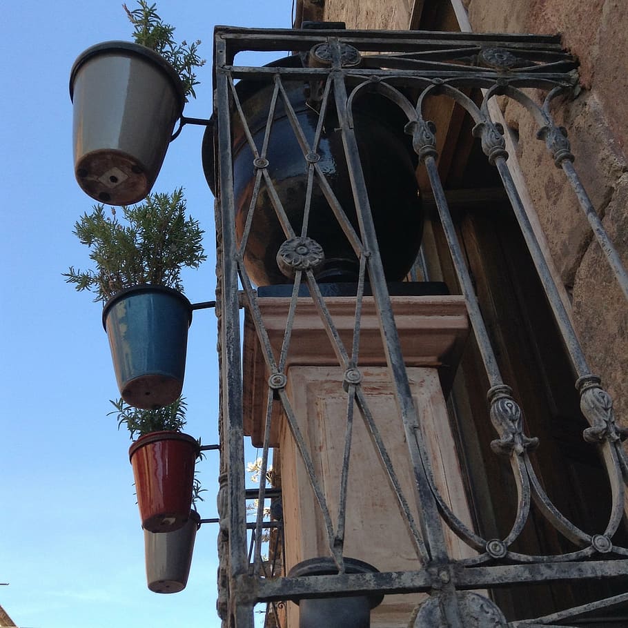 balcony, pots, city, architecture, old, electric Lamp, low angle view HD wallpaper