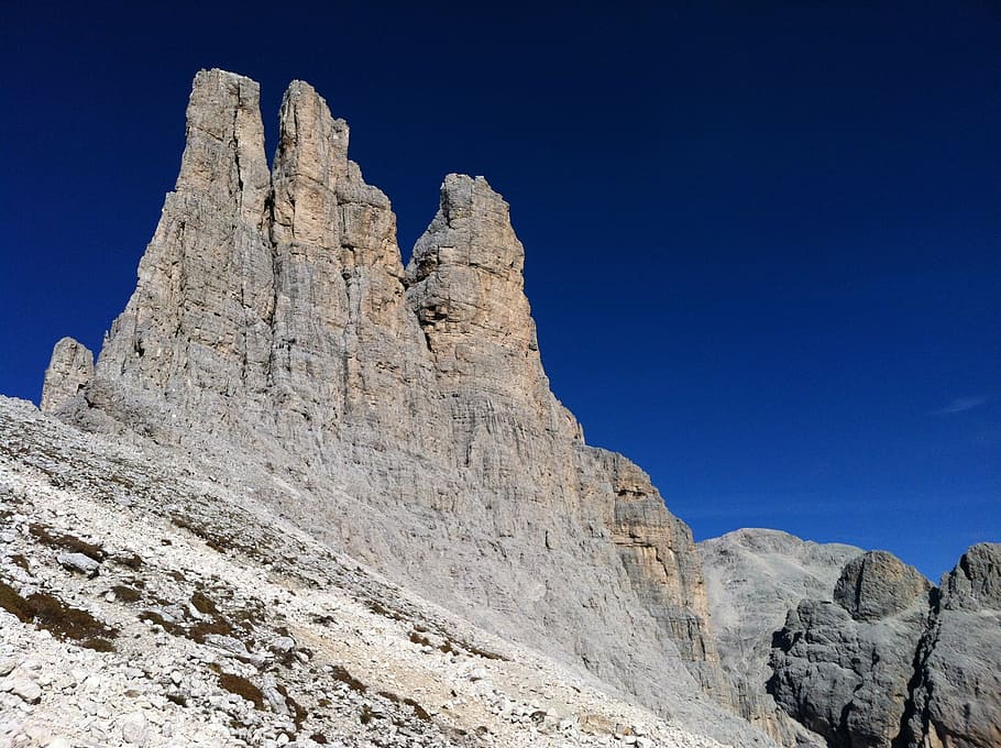 mountain, blue, sky, landscape, rock, climbing, hike stones HD wallpaper