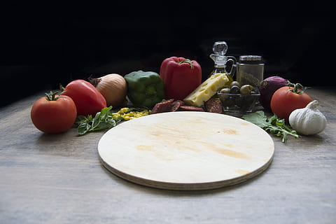 variety of spices beside chopping board, table, table pizza HD wallpaper