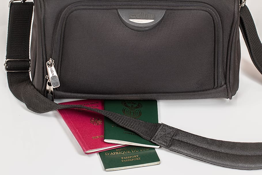 black crossbody bag and three passports on white surface, travel