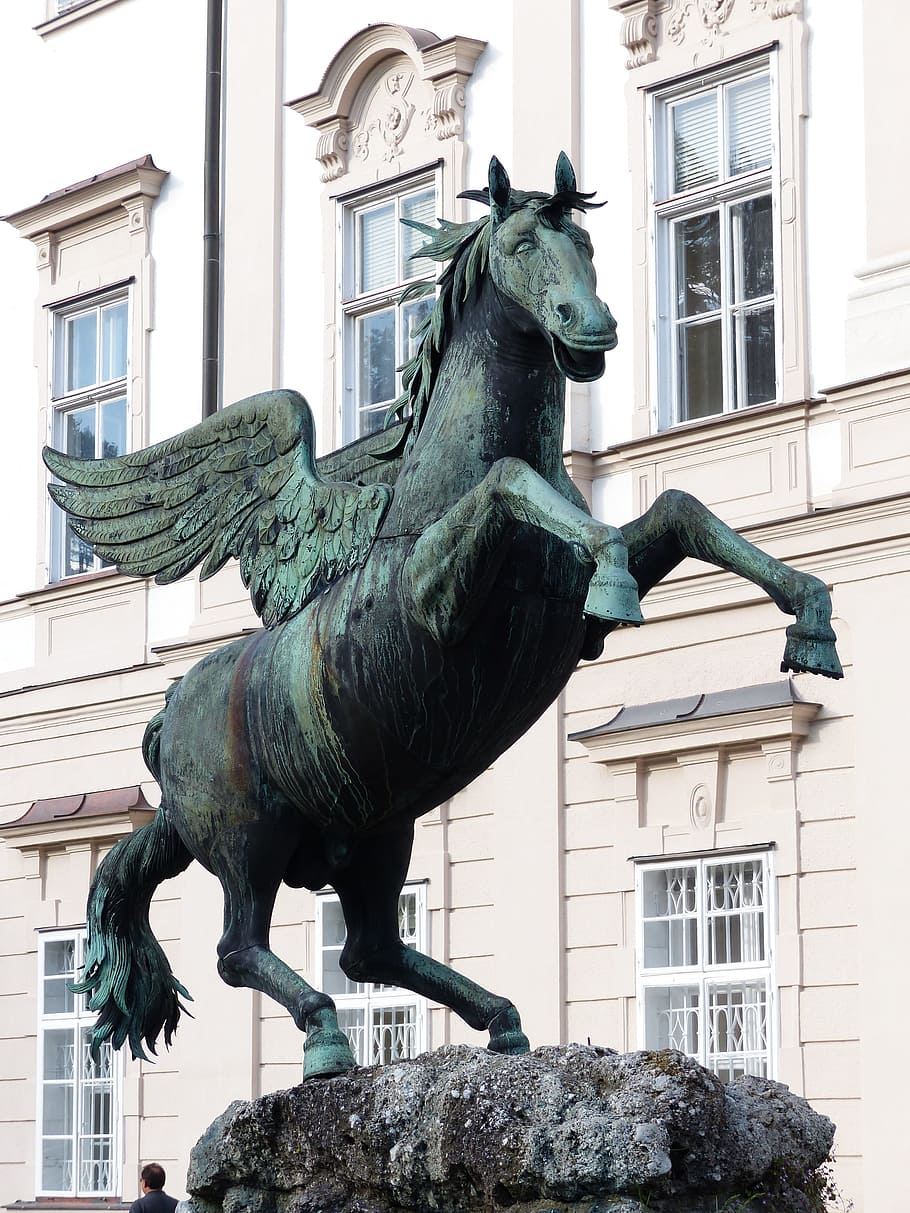 horse, ross, monument, statue, bronze, wing, mirabell gardens