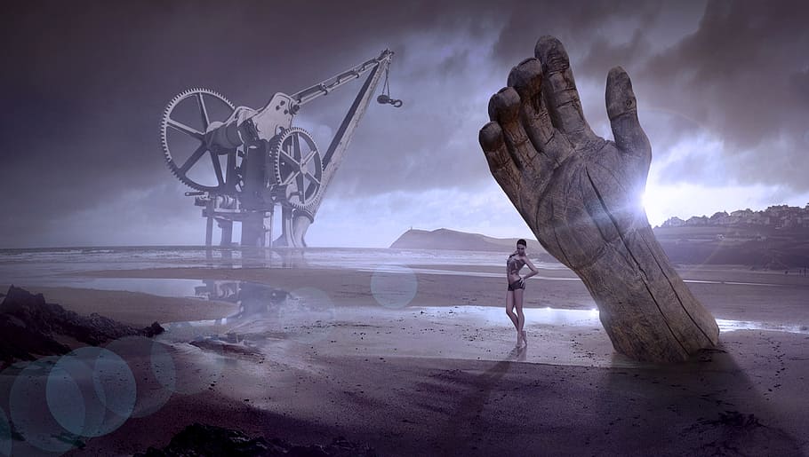 woman in abandon oil factory, fantasy, beach, machine, hand, wood