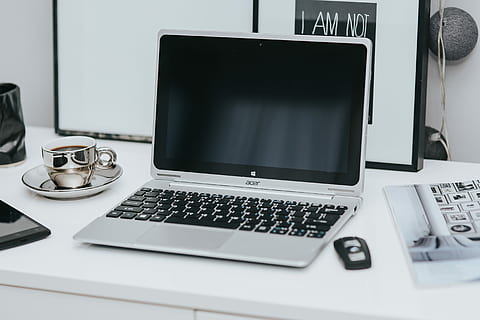 Laptop computer on white desk, interior, minimal, workspace, workplace HD wallpaper