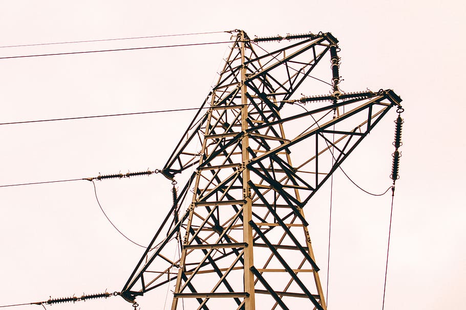 brown metal electric post, yellow steel utility pole, pylon, structure HD wallpaper