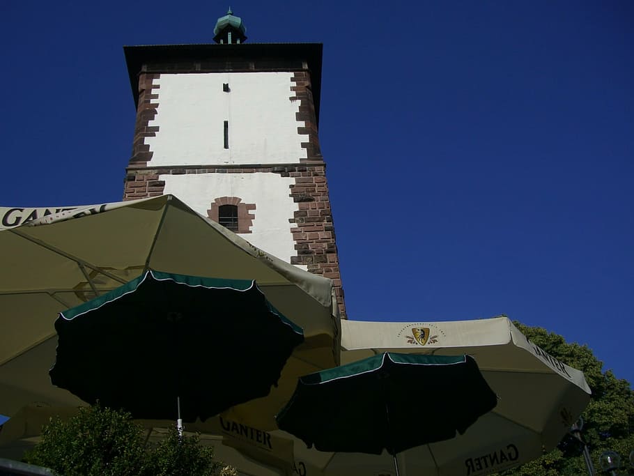 parasol, sky, blue, tower, swabian gate tower, freiburg, breisgau HD wallpaper