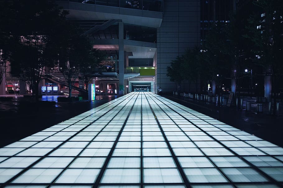 lighted road during nighttime, lighted pathway near buildings HD wallpaper