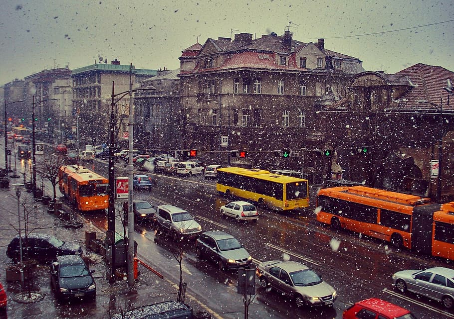 transport, road, buses, mode of transportation, snow, architecture HD wallpaper