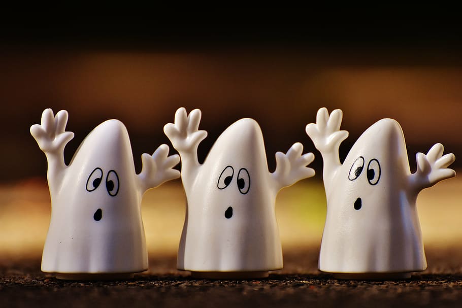 three white ghost plastic figures, halloween, ghosts, happy halloween