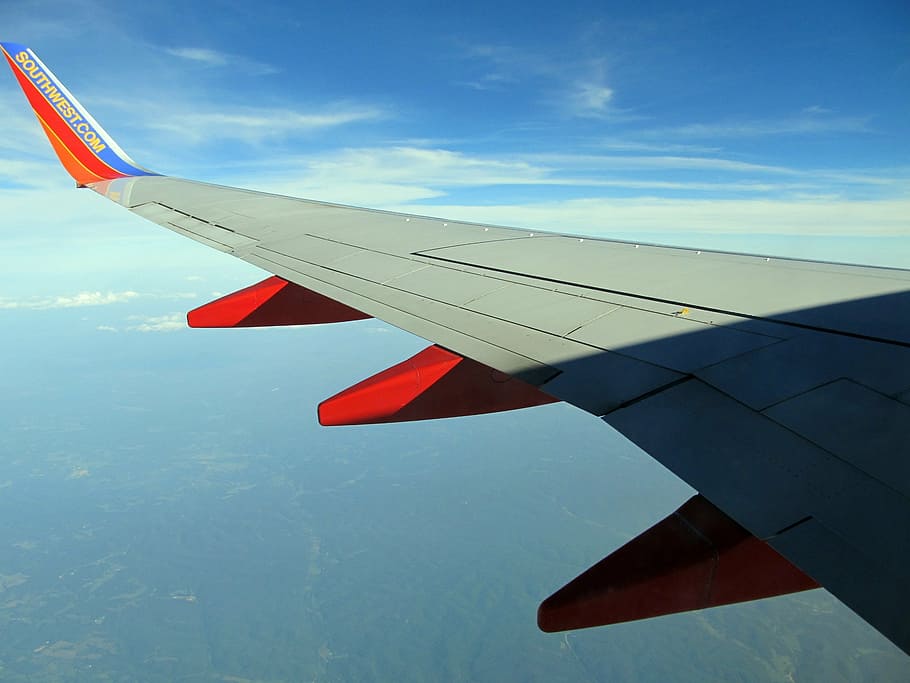 wing, airplane, flight, flying, sky, clouds, aviation, transportation HD wallpaper
