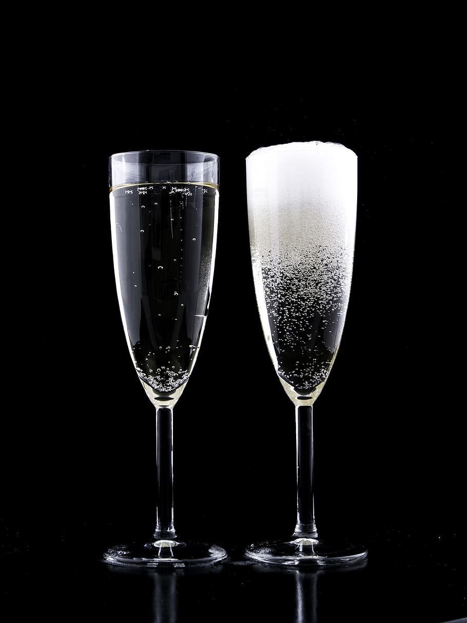 two clear wineglasses filled with clear liquids, eve, drink, crystal