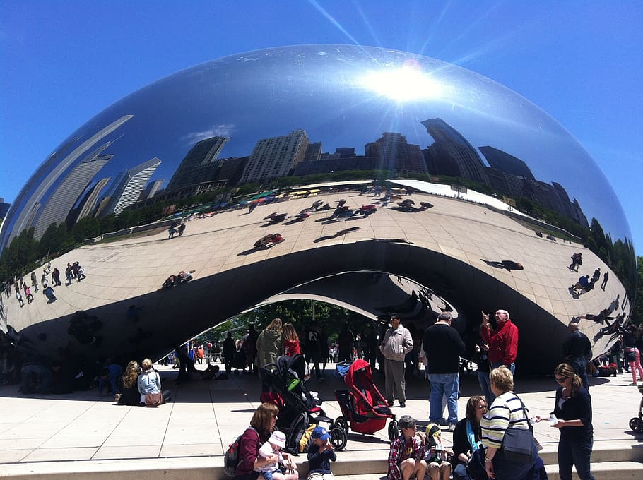 group of people in standing in front of silver structure, chicago HD wallpaper