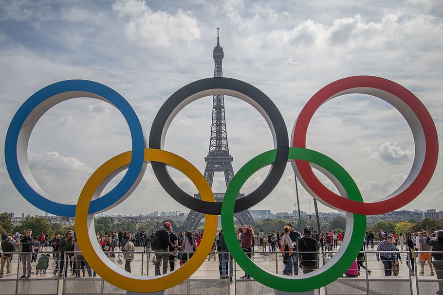 olympic rings, paris, tourism, sports, sky, city, travel, outdoors, HD wallpaper