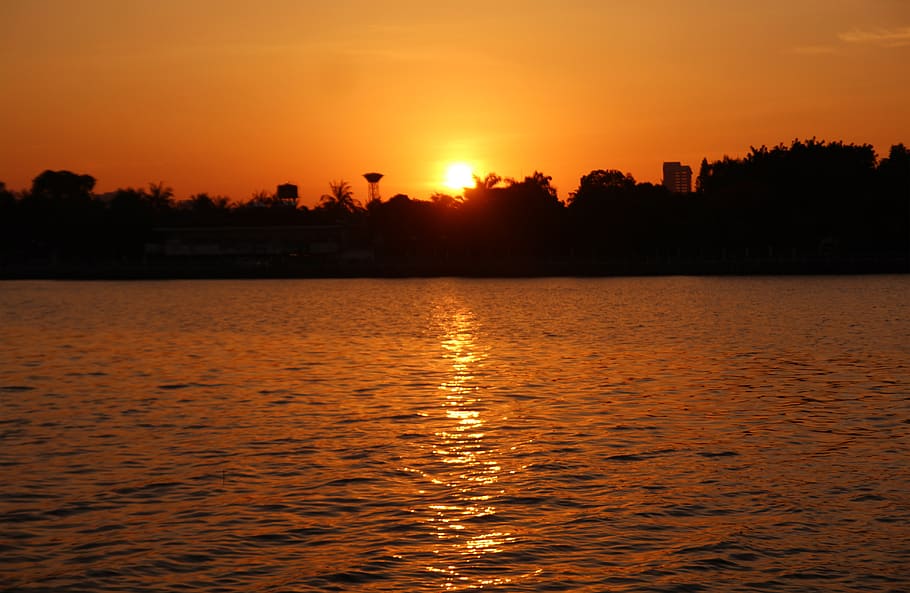 sunset, lake, afternoon, water, sky, beauty in nature, silhouette HD wallpaper