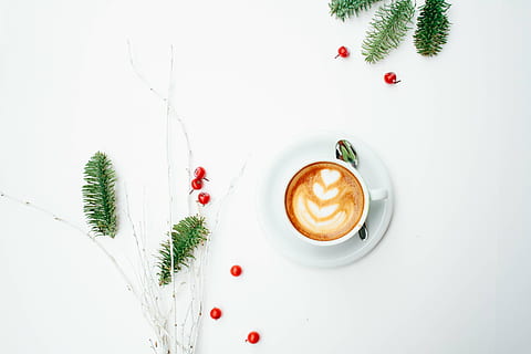 top view photo of white ceramic cup with cappuccino, coffee HD wallpaper