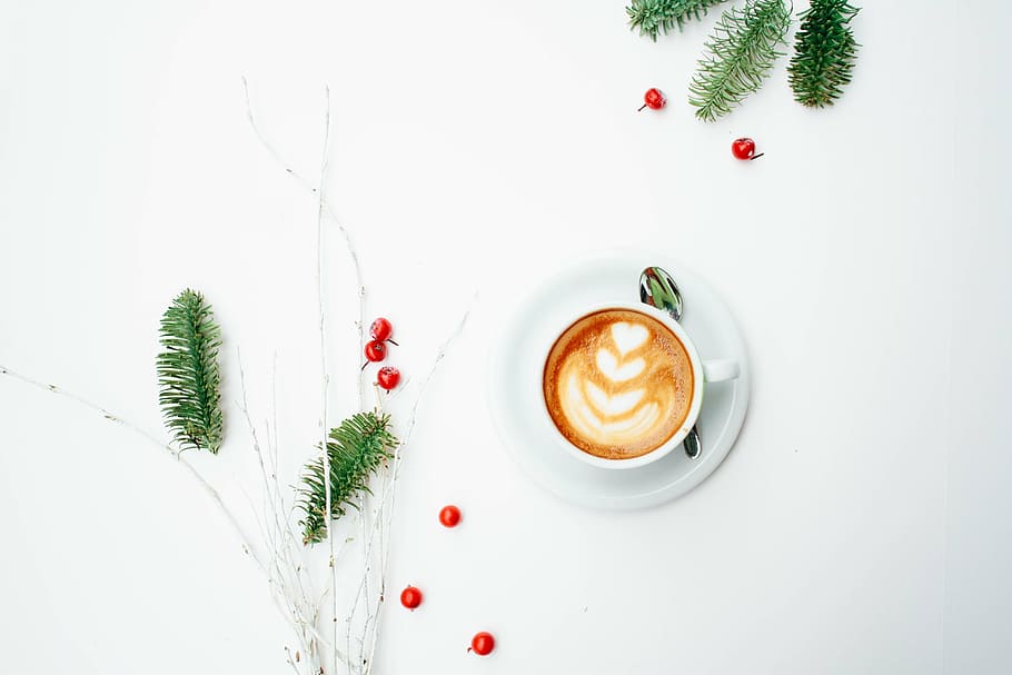 top view photo of white ceramic cup with cappuccino, coffee HD wallpaper