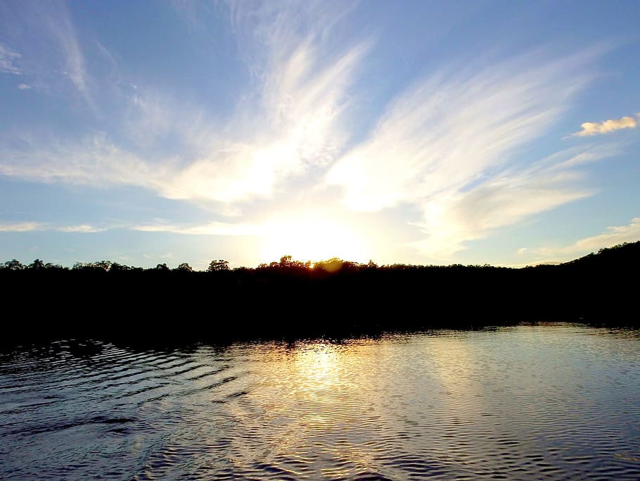 lake, forest, clouds, sky, evening, reflection, sunset, water HD wallpaper