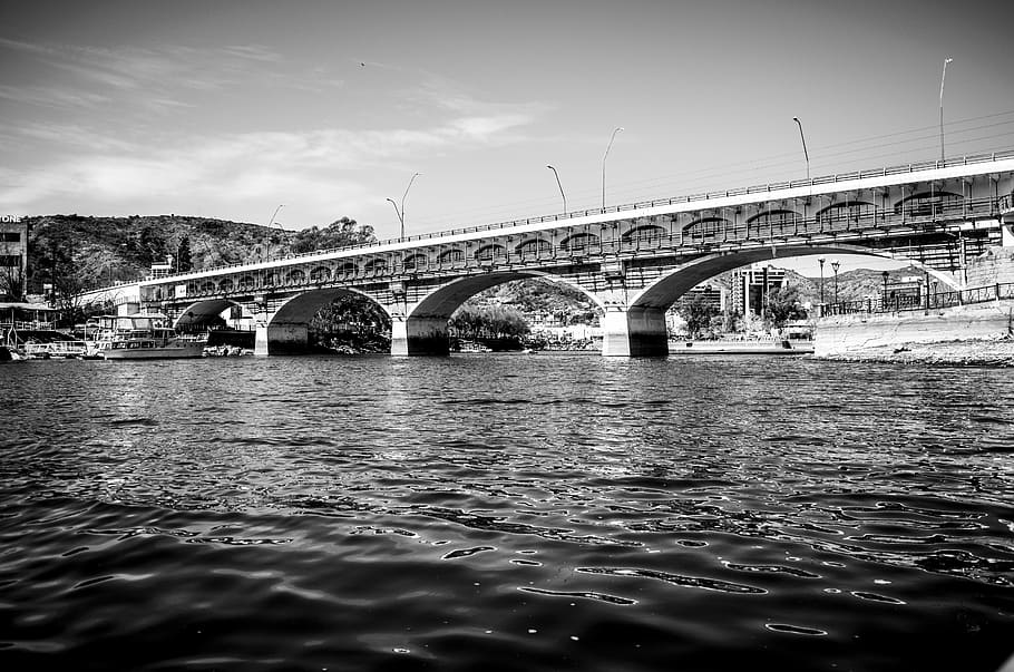 Bridge, White, Water, Landscape, Sunset, river, arc, black HD wallpaper