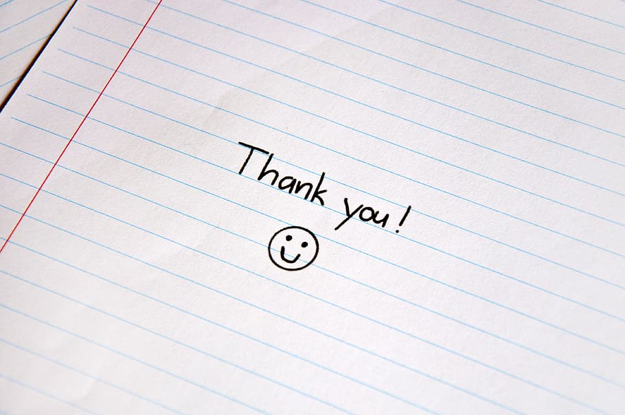 thank you, paper, writing paper, block, smiley, greeting card