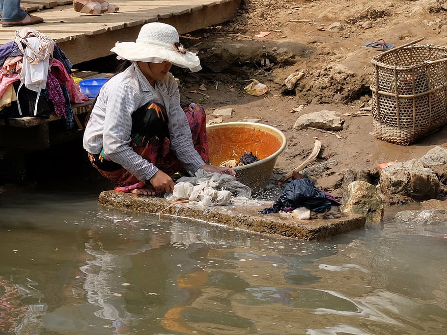 burma, river, water, highlights, work, washing clothes, natural resources HD wallpaper