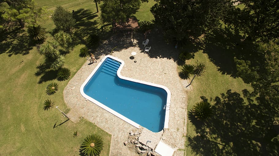 aerial photo of swimming pool with green leafed trees, pool surrounded by trees during daytime HD wallpaper
