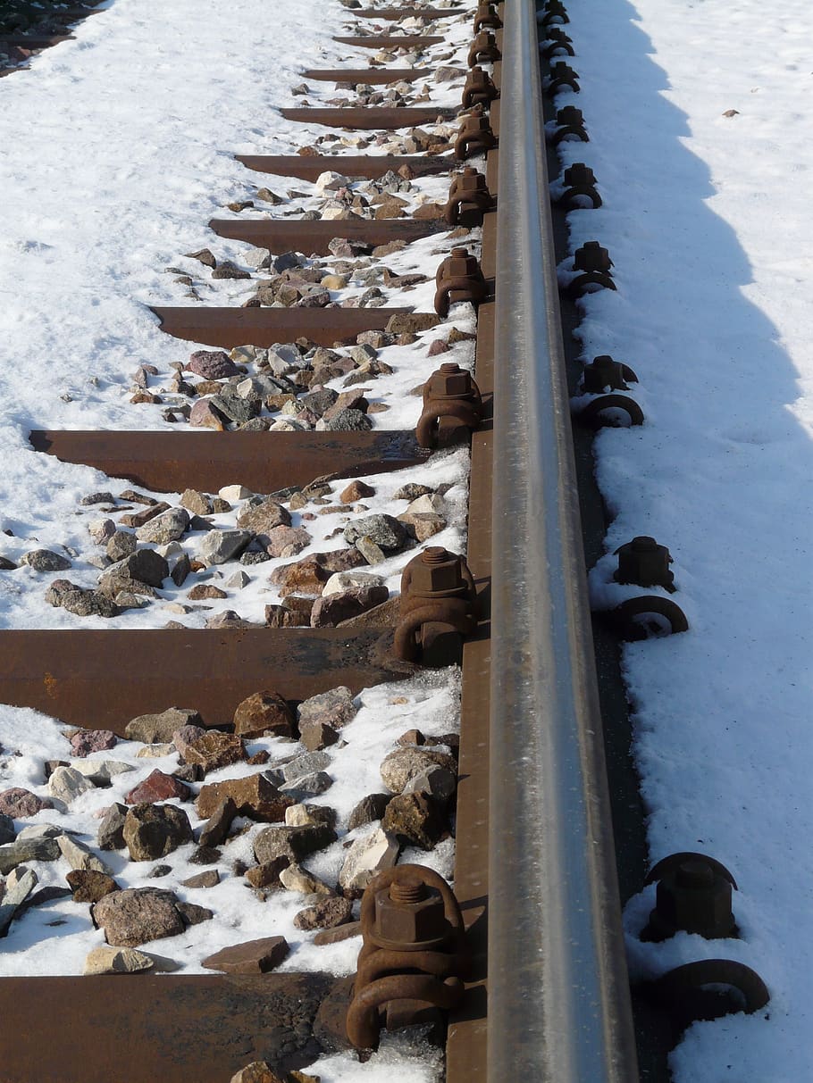 rail, track, railway, train, transport, parallel, winter, snow HD wallpaper